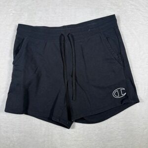 Champion Black Athletic Shorts Logo Print Drawstring Waist Women's LG